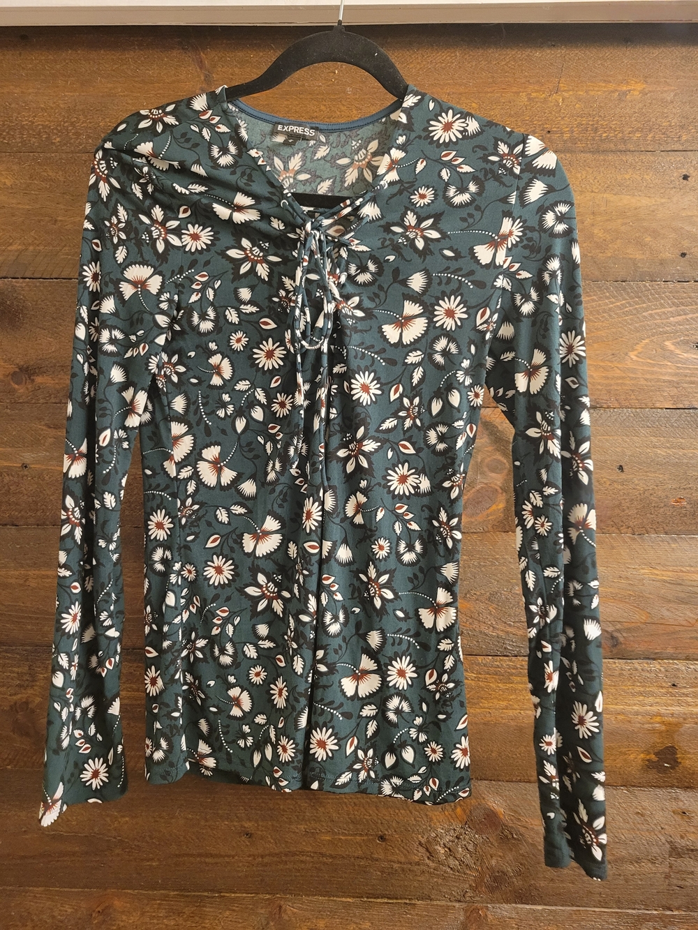 Express Women's Teal Floral Lace-Up Long Sleeve Top